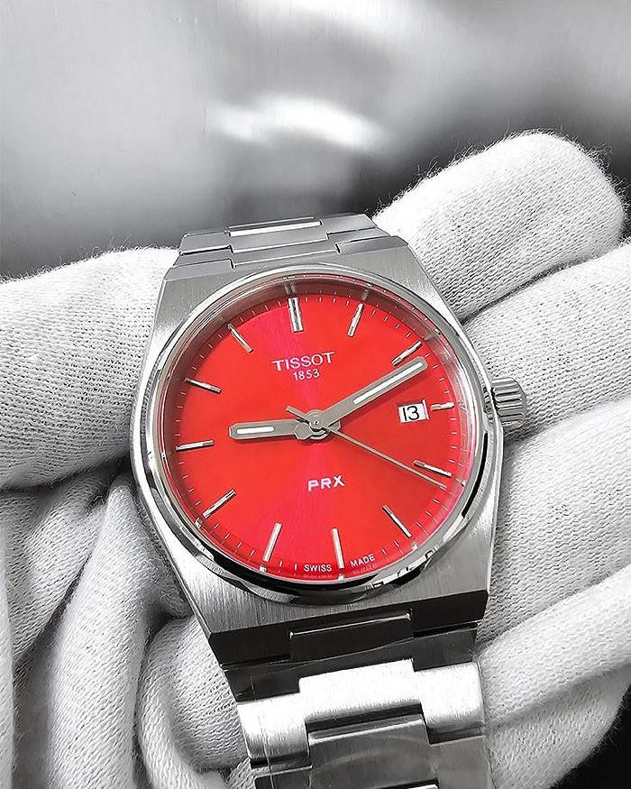 Tissot PRX Quartz Red Dial Silver Steel Strap Watch for Women - T137.210.11.421.00