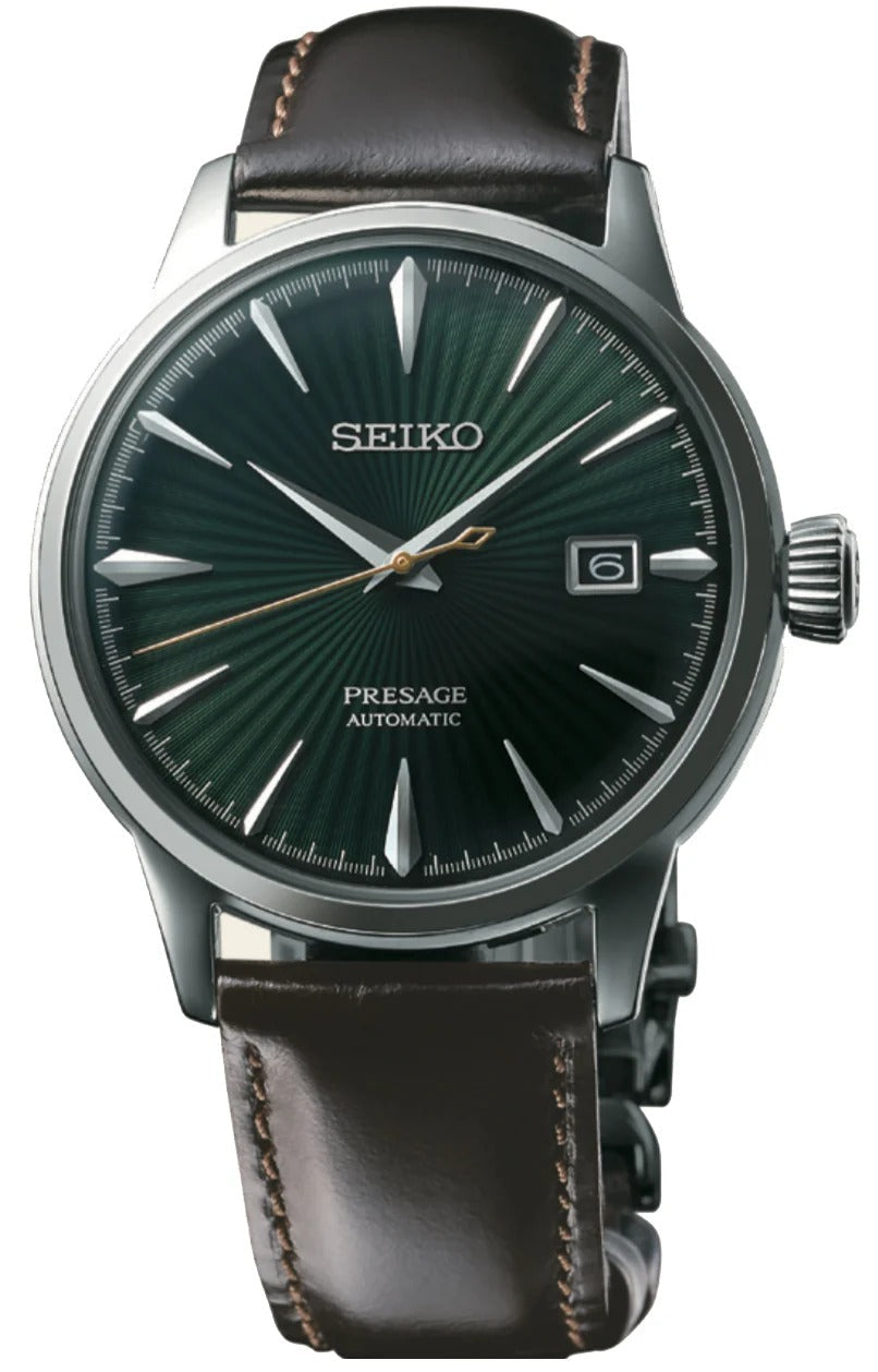 Seiko Presage Cocktail Time Automatic Green Dial Brown Leather Strap Watch for Men - SRPD37J1