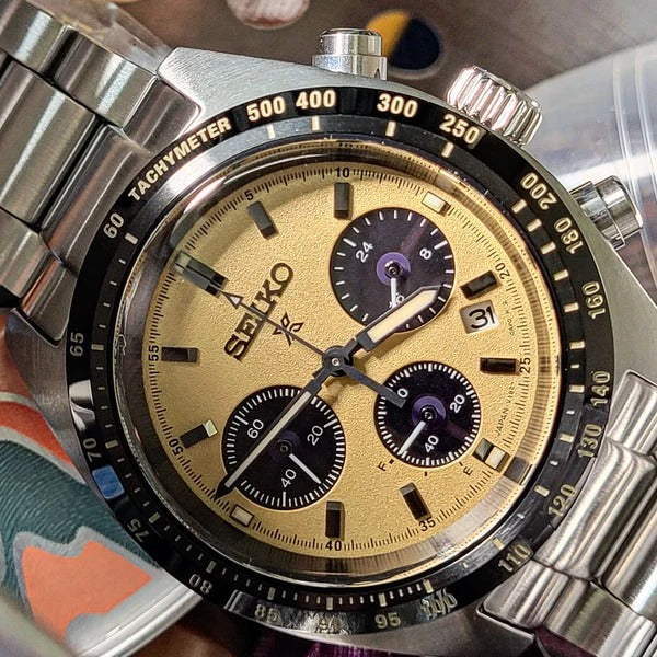 Seiko Prospex Speedtimer Solar Chronograph Gold Dial Silver Steel Strap Watch for Men - SSC817