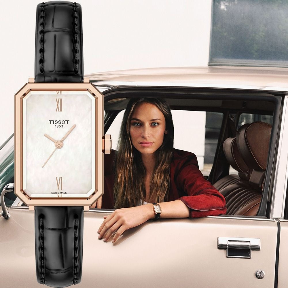 Tissot SRV White Mother of Pearl Dial Black Leather Strap Watch for Women - T160.110.36.113.00