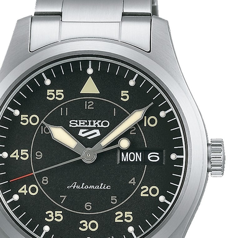 Seiko 5 Sports Flieger Automatic Black Dial Silver Steel Strap Watch for Men - SRPH27K1