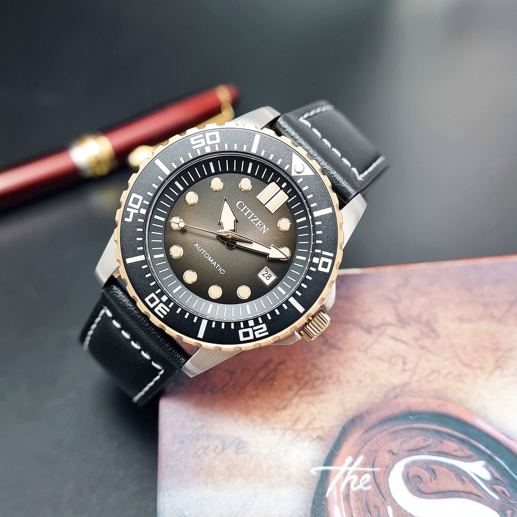 Citizen Mechanical Automatic Black Dial Black Leather Strap Watch for Men - NJ0176-10E