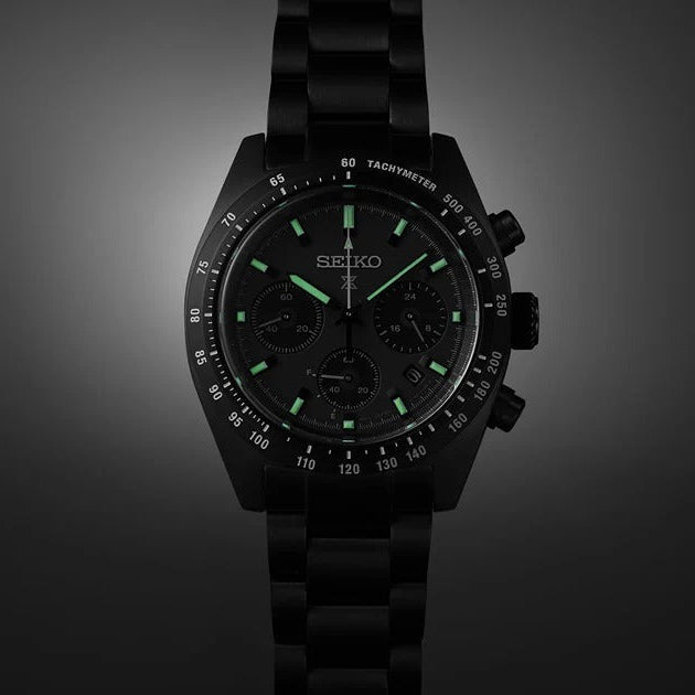 Seiko Prospex Speedtimer The Black Series Limited Edition Black Dial Black Steel Strap Watch for Men - SSC917