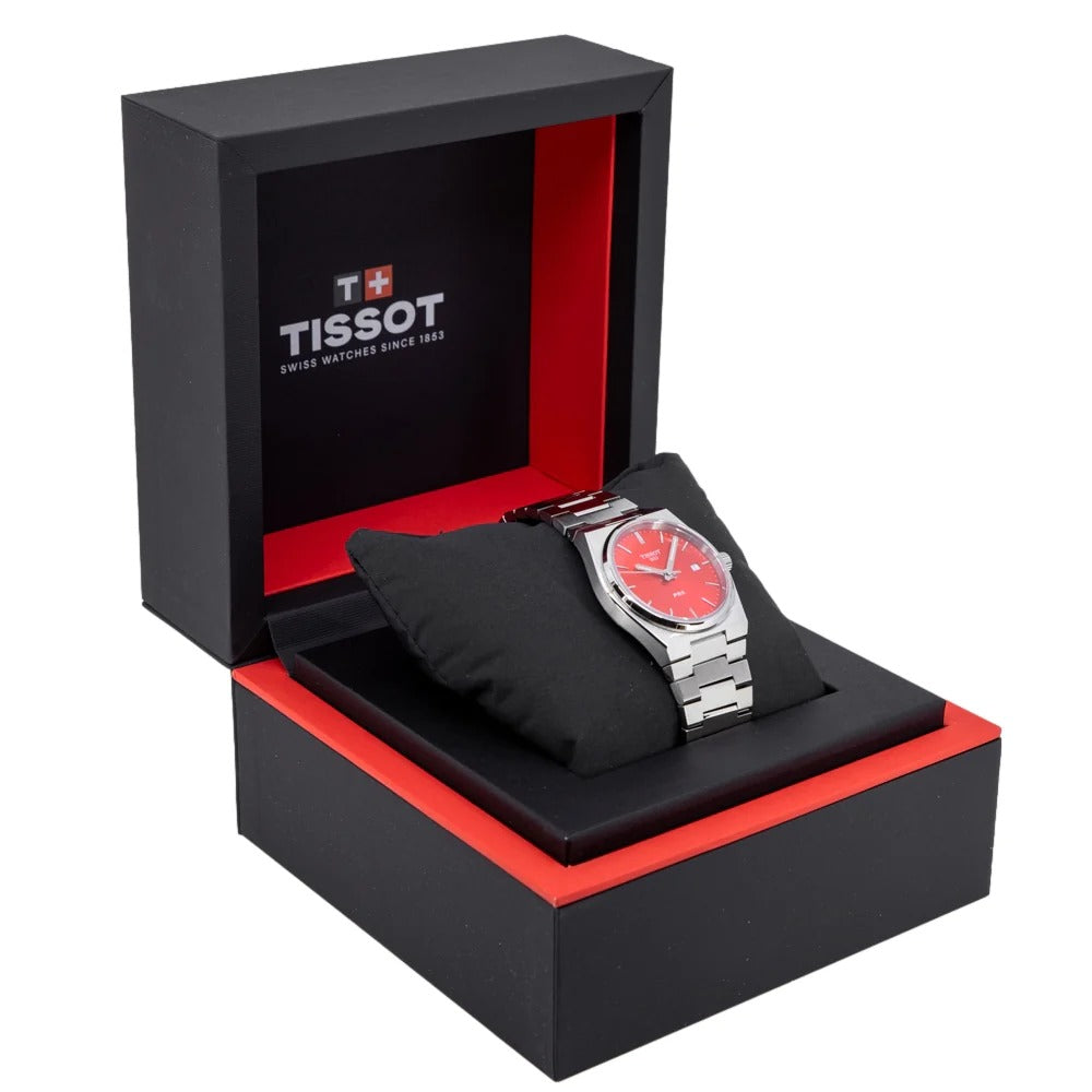 Tissot PRX Quartz Red Dial Silver Steel Strap Watch for Women - T137.210.11.421.00