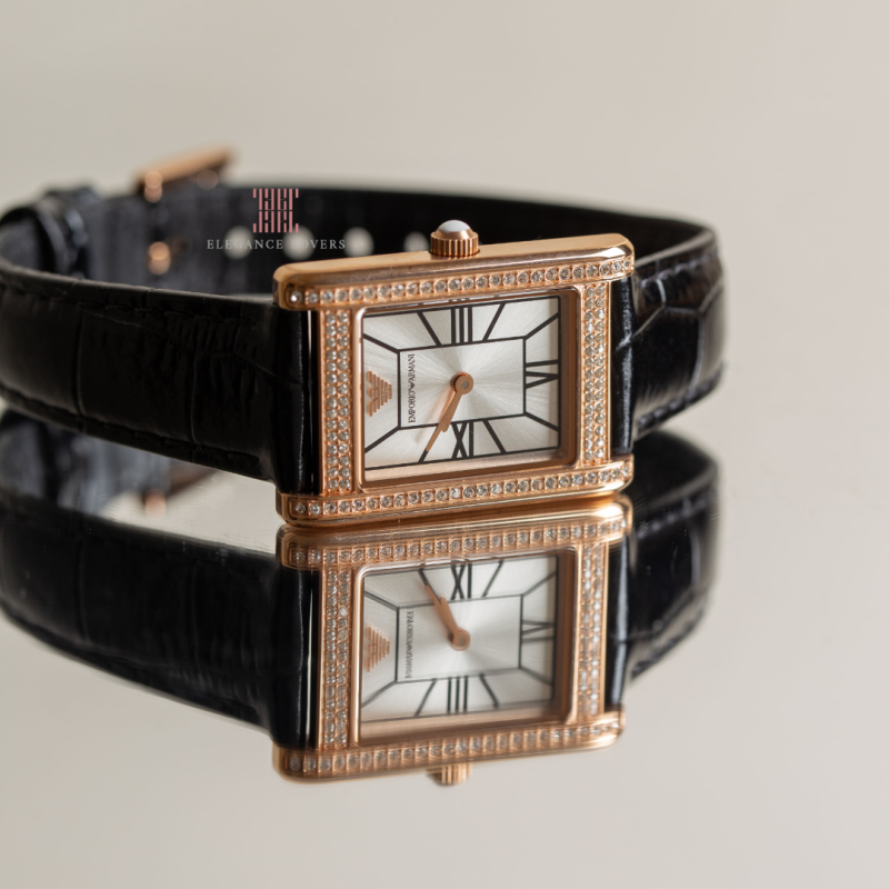 Emporio Armani Genni Silver Dial Black Leather Strap Watch for Women - AR11624