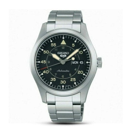 Seiko 5 Sports Flieger Automatic Black Dial Silver Steel Strap Watch for Men - SRPH27K1