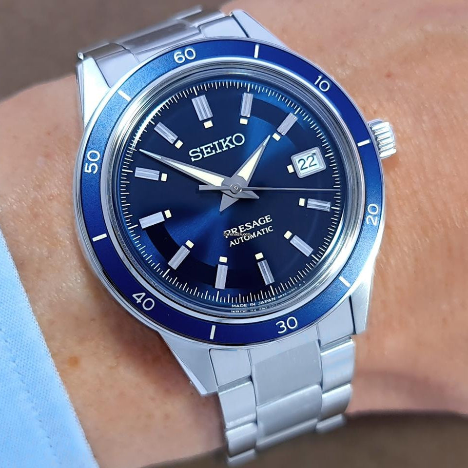 Seiko Presage Style60's Automatic Blue Dial Silver Steel Strap Watch for Men - SRPG05J1