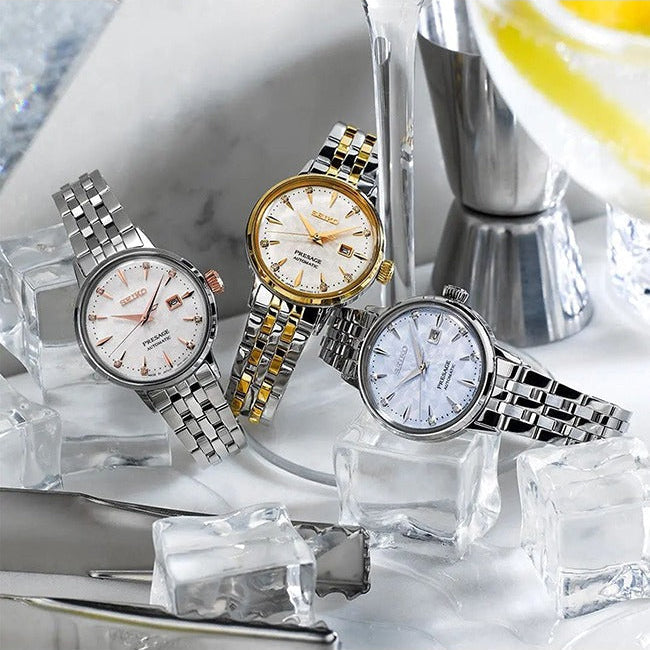 Seiko Presage Cocktail Time Skydiving Automatic Diamonds Mother of Pearl Dial Silver Steel Strap Watch for Women - SRE009J1