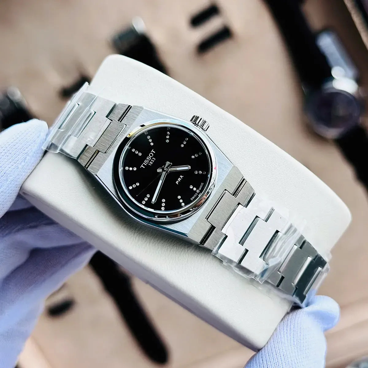 Tissot PRX Quartz Diamonds Black Dial Silver Steel Strap Watch for Women - T137.010.11.056.00