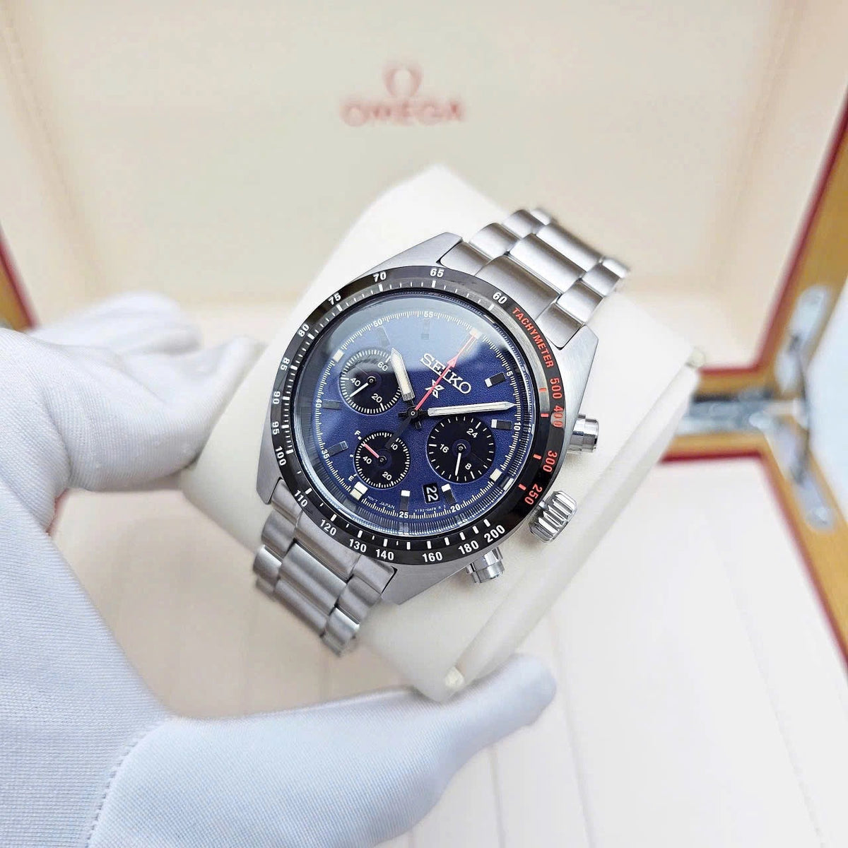 Seiko Prospex Speedtimer Solar Chronograph Blue Dial Silver Steel Strap Watch for Men - SSC815