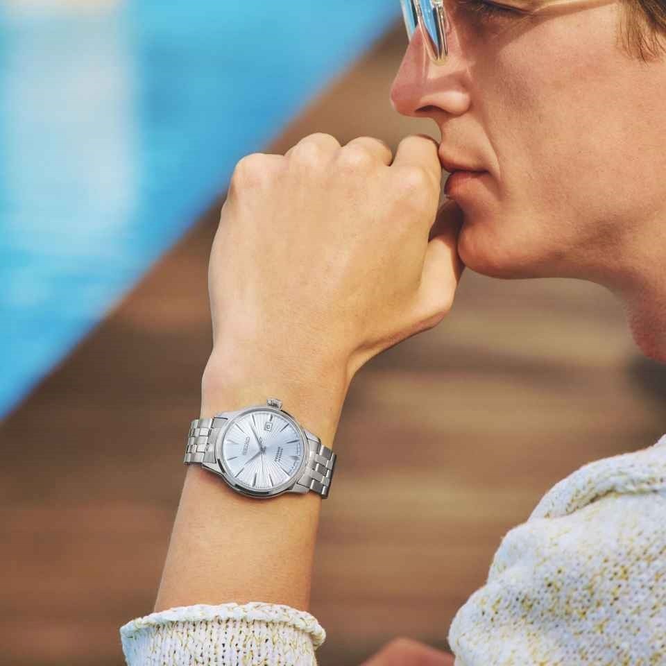 Seiko Presage Cocktail Time Automatic Ice Blue Dial Silver Steel Strap Watch for Men - SRPE19J1