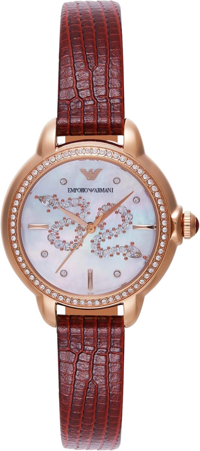 Emporio Armani Mia Mother of Pearl Dial Red Leather Strap Watch for Women - AR11646