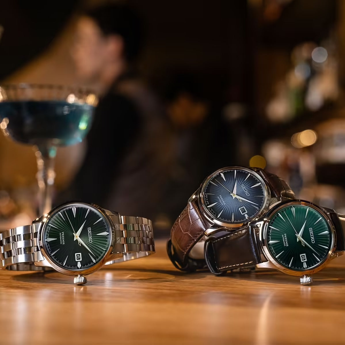 Seiko Presage Cocktail Time Automatic Green Dial Silver Steel Strap Watch for Men - SRPE15J1