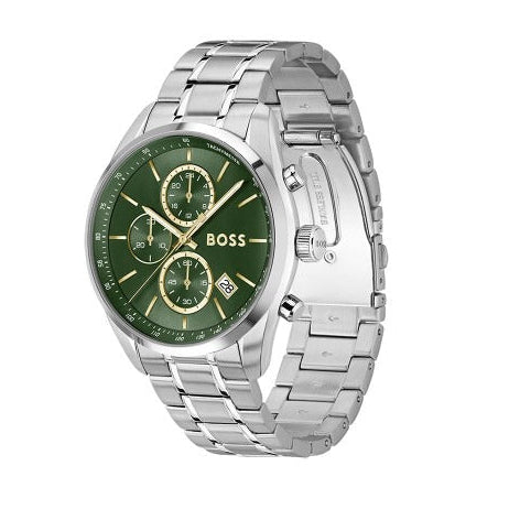 Hugo Boss Grand Prix Chronograph Green Dial Silver Steel Strap Watch for Men - 1514266