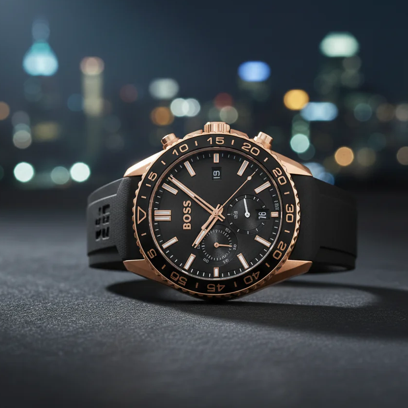 Hugo Boss Runner Chronograph Black Dial Black Silicone Strap Watch for Men - 1514168