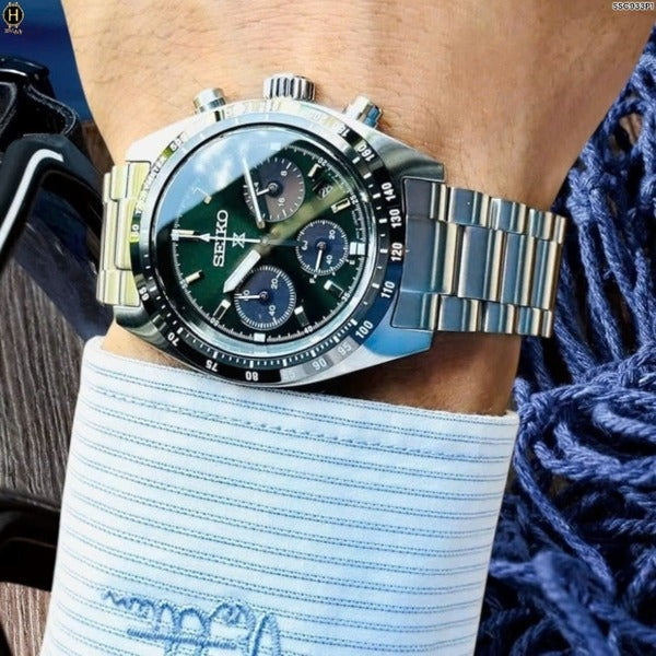 Seiko Prospex Speedtimer Solar Chronograph Green Dial Silver Steel Strap Watch for Men - SSC933