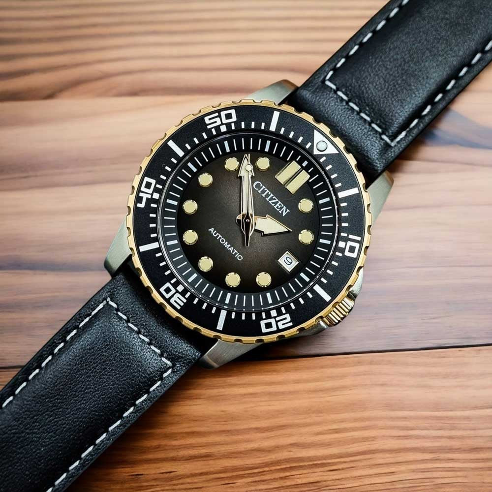 Citizen Mechanical Automatic Black Dial Black Leather Strap Watch for Men - NJ0176-10E