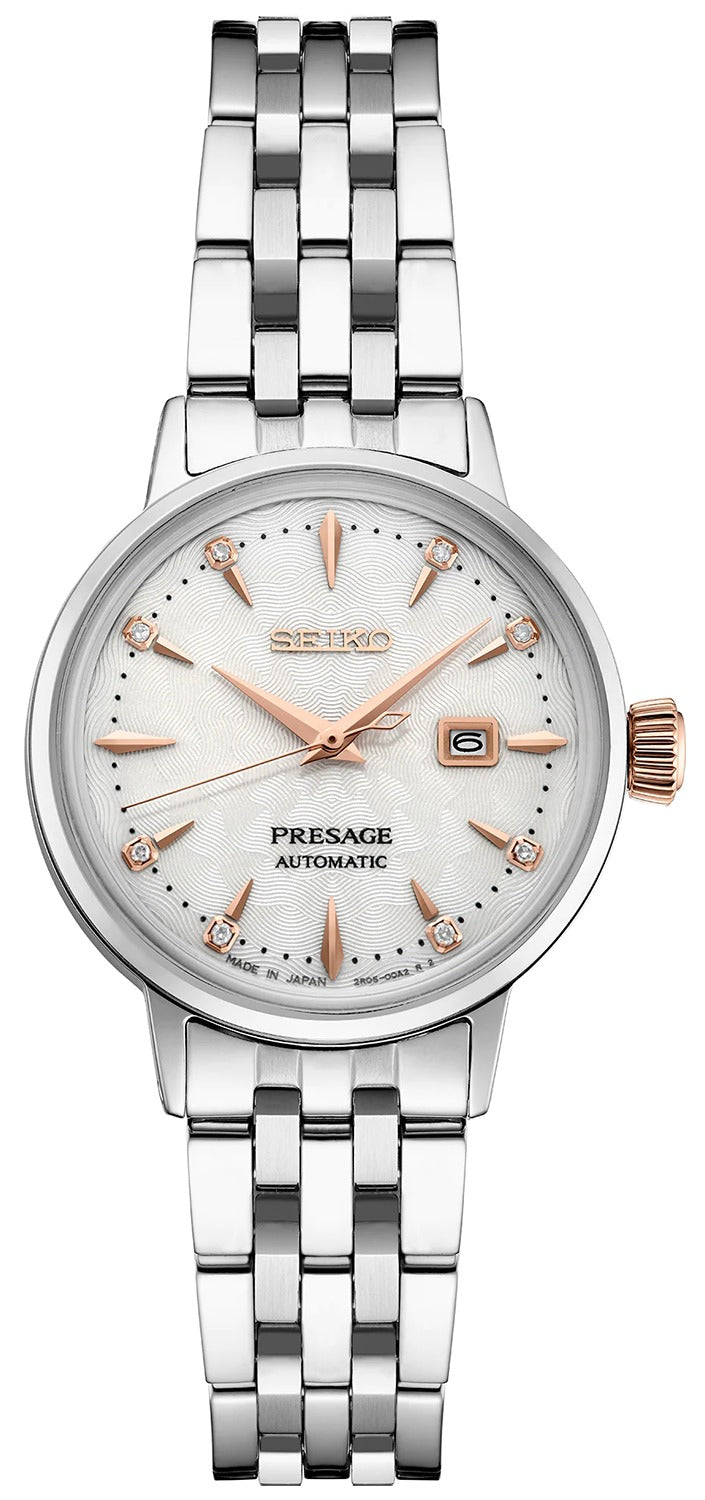 Seiko Presage Cocktail Time Skydiving Automatic Diamonds Mother of Pearl Dial Silver Steel Strap Watch for Women - SRE009J1