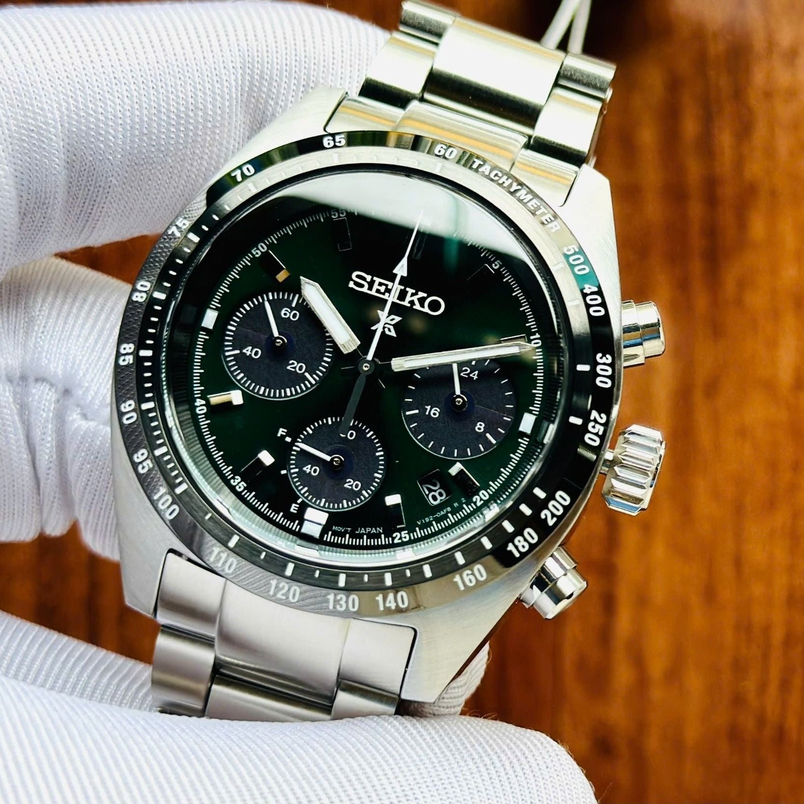 Seiko Prospex Speedtimer Solar Chronograph Green Dial Silver Steel Strap Watch for Men - SSC933