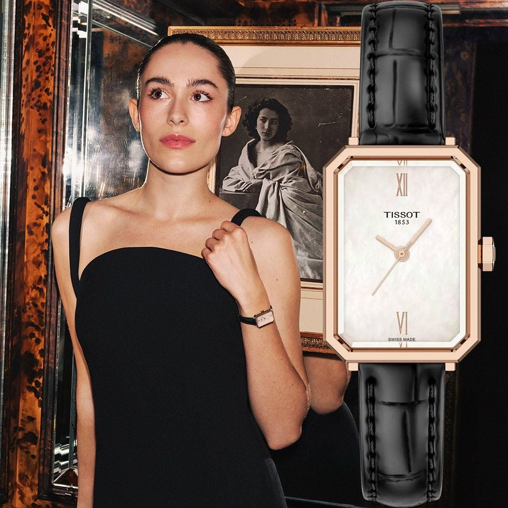 Tissot SRV White Mother of Pearl Dial Black Leather Strap Watch for Women - T160.110.36.113.00