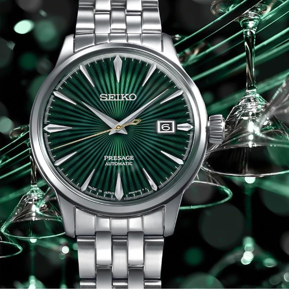 Seiko Presage Cocktail Time Automatic Green Dial Silver Steel Strap Watch for Men - SRPE15J1