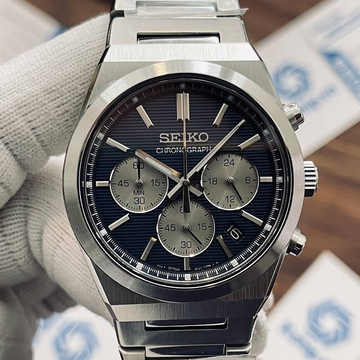 Seiko Conceptual Chronograph Blue Dial Silver Steel Strap Watch for Men- SSB453P1