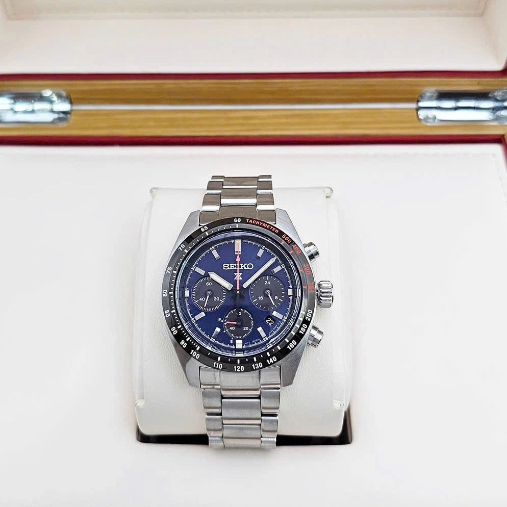 Seiko Prospex Speedtimer Solar Chronograph Blue Dial Silver Steel Strap Watch for Men - SSC815