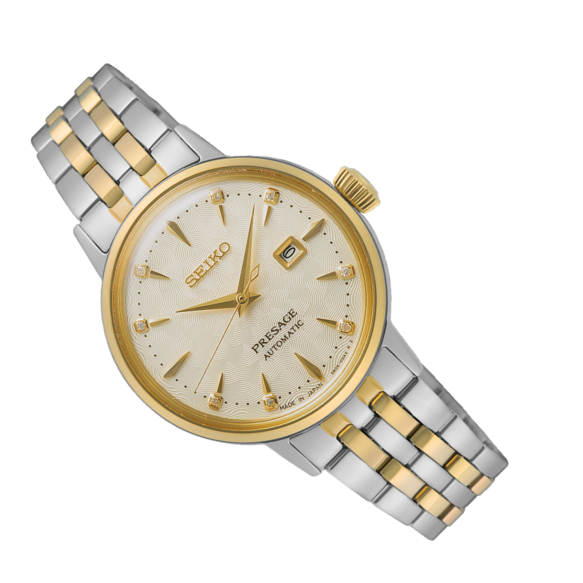 Seiko Presage Cocktail Time Automatic Diamonds White Dial Two Tone Steel Strap Watch for Women - SRE010J1