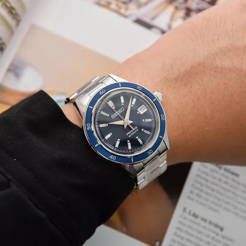 Seiko Presage Style60's Automatic Blue Dial Silver Steel Strap Watch for Men - SRPG05J1
