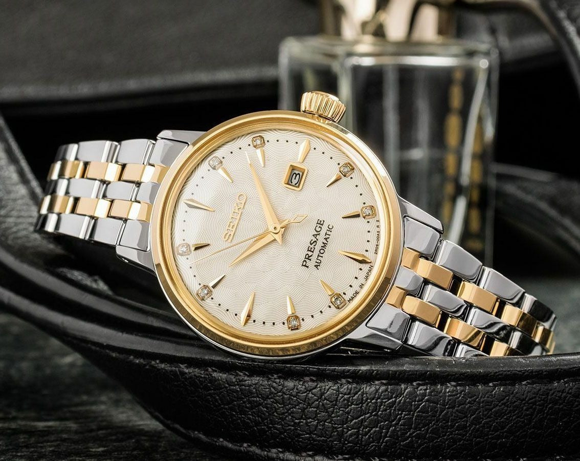 Seiko Presage Cocktail Time Automatic Diamonds White Dial Two Tone Steel Strap Watch for Women - SRE010J1