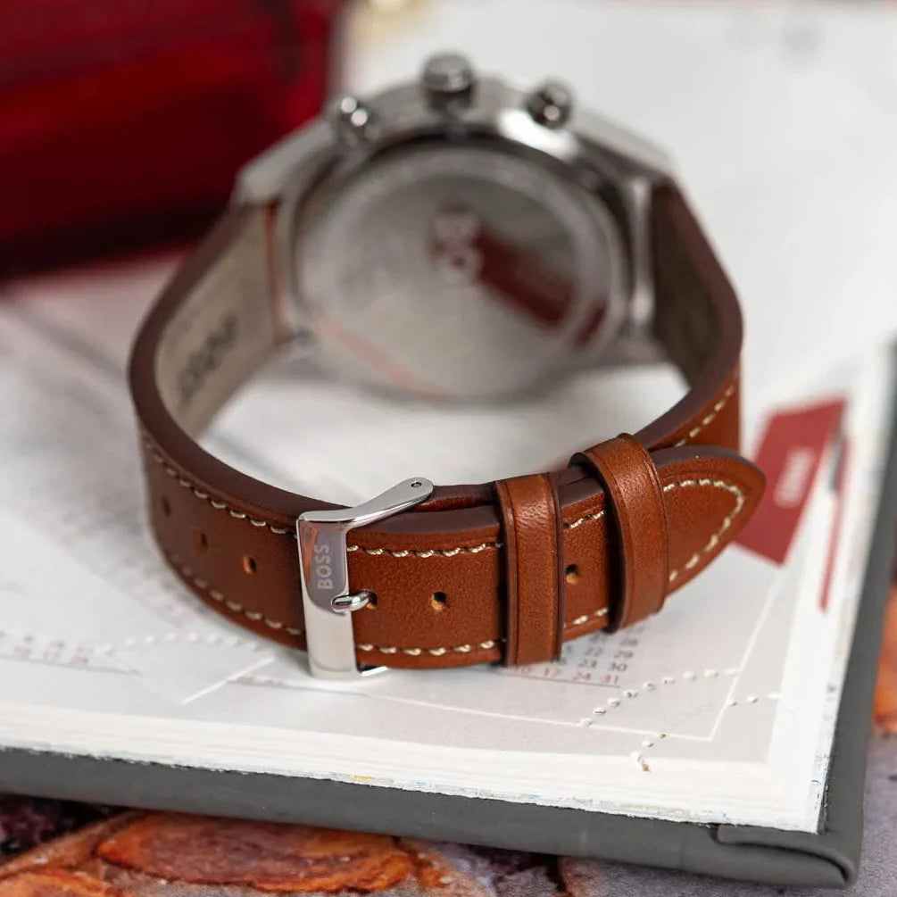 Hugo Boss Skytraveller Chronograph Black Dial Blue Leather Strap Watch for Men - 1514161