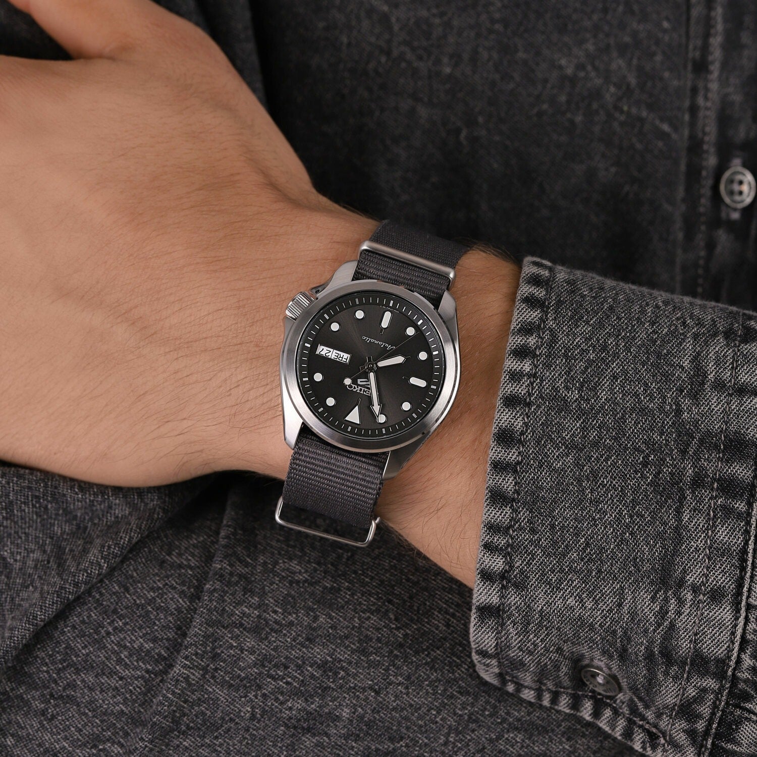Seiko 5 Sports Automatic Grey Dial Grey Nylon Strap Watch for Men - SRPE61K1