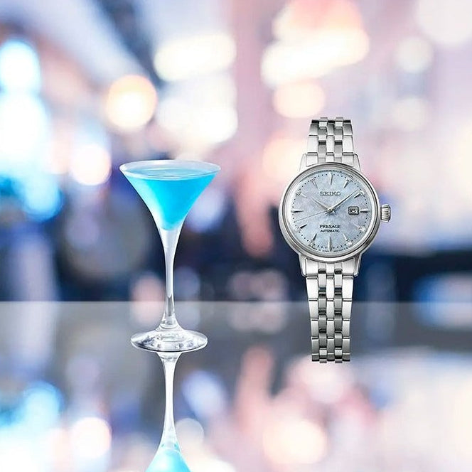 Seiko Presage Cocktail Time Automatic Skydiving Diamonds Blue Dial Silver Steel Strap Watch for Women - SRE007J1