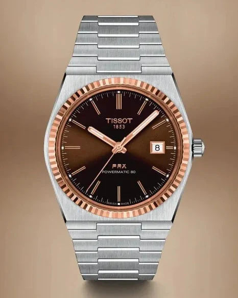 Tissot PRX Powermatic 80 18K Gold Brown Dial Silver Steel Strap Watch for Men - T931.407.41.291.00