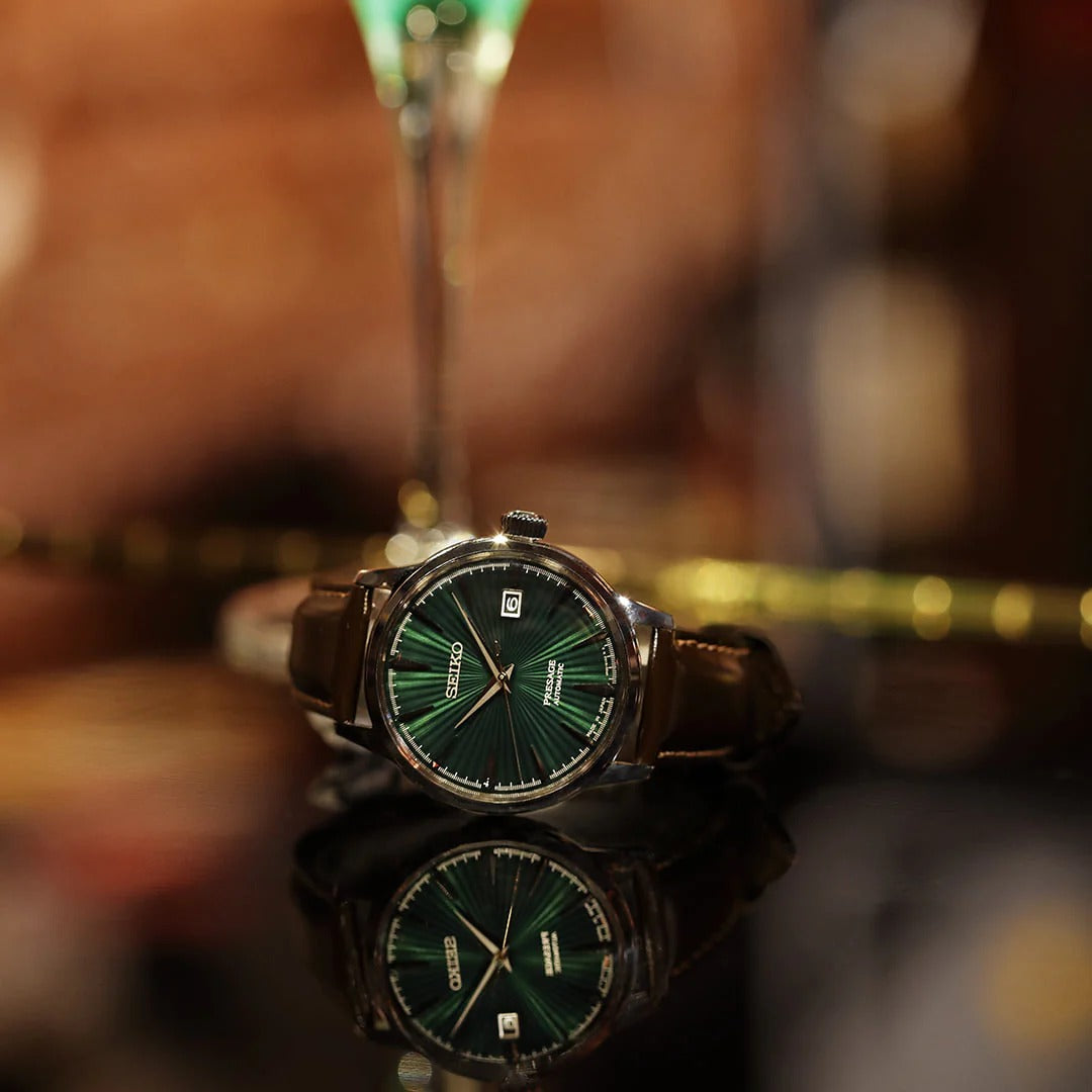 Seiko Presage Cocktail Time Automatic Green Dial Brown Leather Strap Watch for Men - SRPD37J1