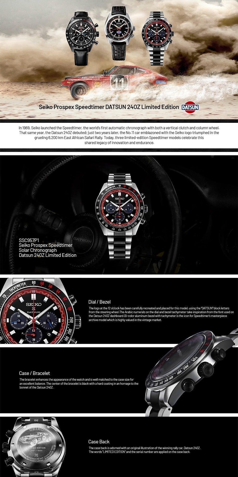 Seiko Prospex Speedtimer Solar Chronograph Datsun 240Z Collaboration Limited Edition Black Dial Two Tone Steel Strap Watch for Men - SSC957