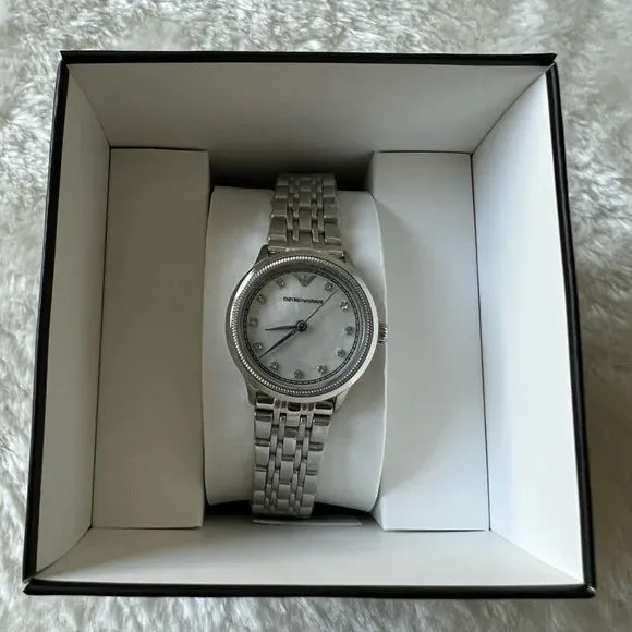 Emporio Armani Alpha Mother of Pearl Dial Silver Steel Strap Watch for Women - AR1803