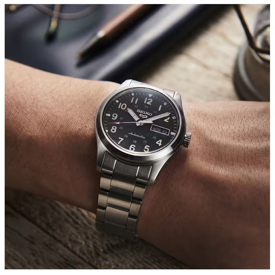 Seiko 5 Sports Flieger Automatic Black Dial Silver Steel Strap Watch for Men - SRPH27K1