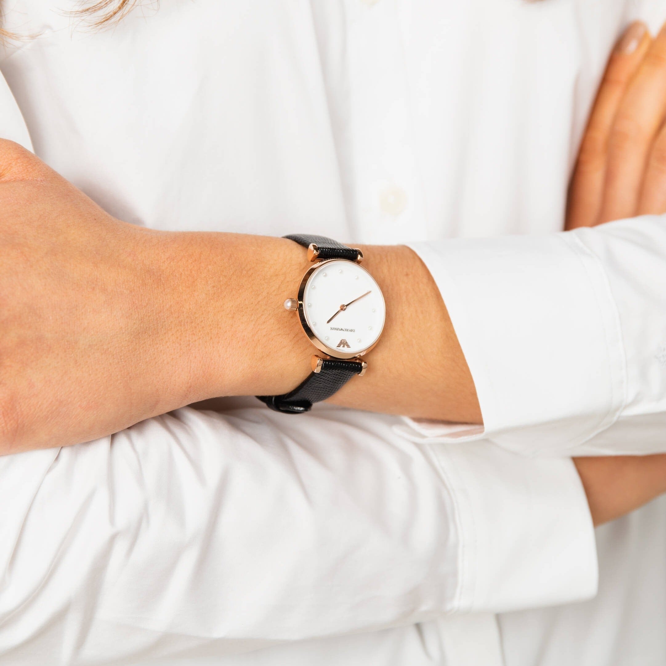 Emporio Armani Gianni T-Bar White Dial Black Leather Strap Watch for Women - AR11270