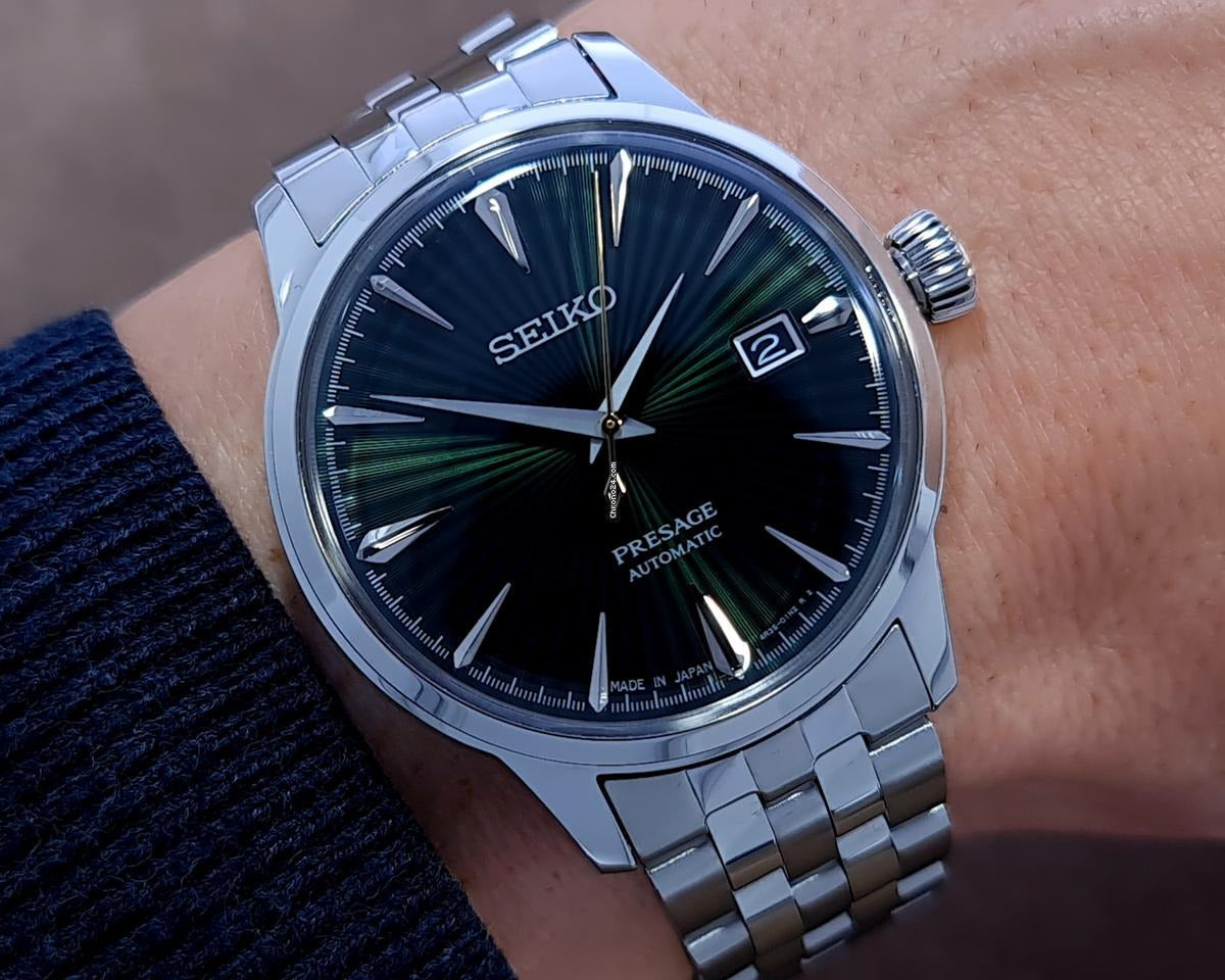 Seiko Presage Cocktail Time Automatic Green Dial Silver Steel Strap Watch for Men - SRPE15J1
