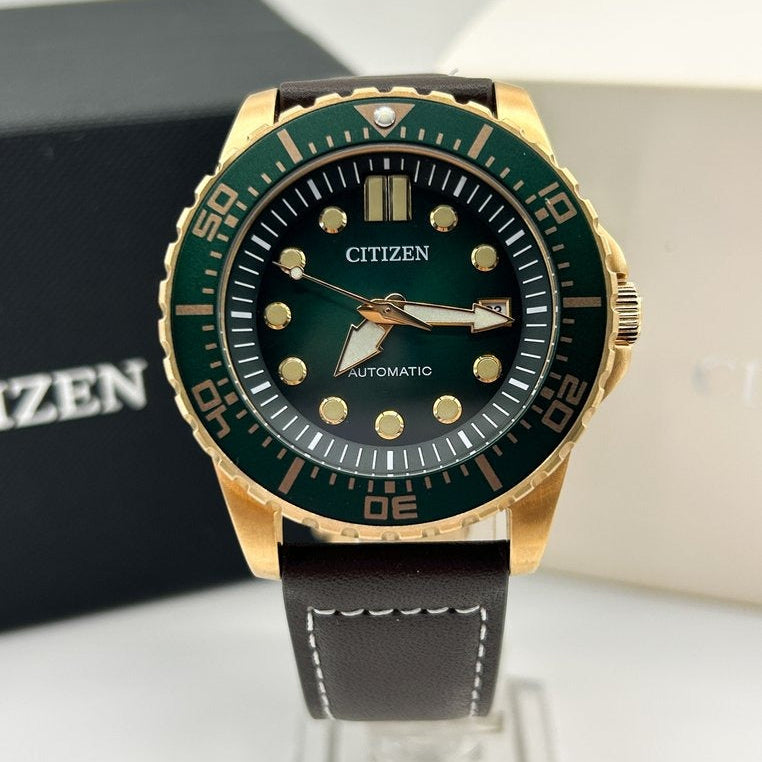 Citizen Mechanical Automatic Green Dial Brown Leather Strap Watch for Men - NJ0173-18X