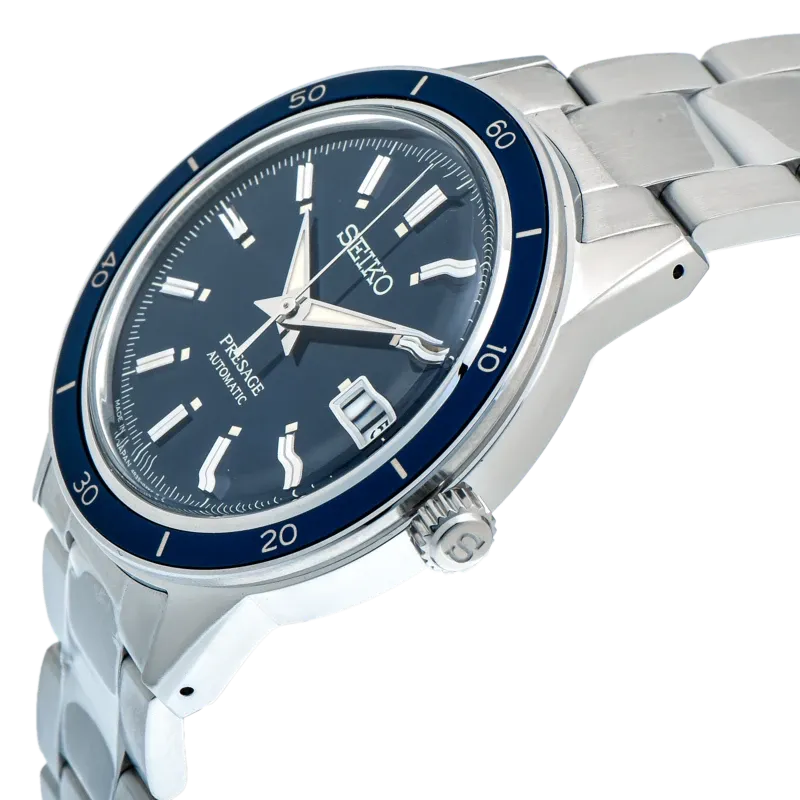 Seiko Presage Style60's Automatic Blue Dial Silver Steel Strap Watch for Men - SRPG05J1
