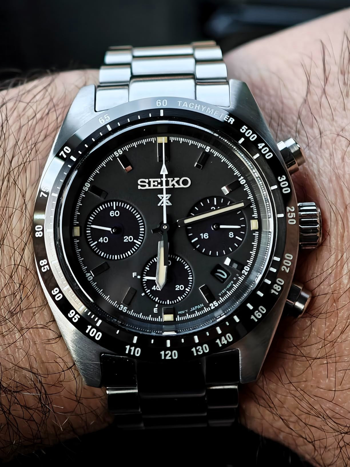 Seiko Prospex Speedtimer Solar Chronograph Black Dial Silver Steel Strap Watch for Men - SSC819
