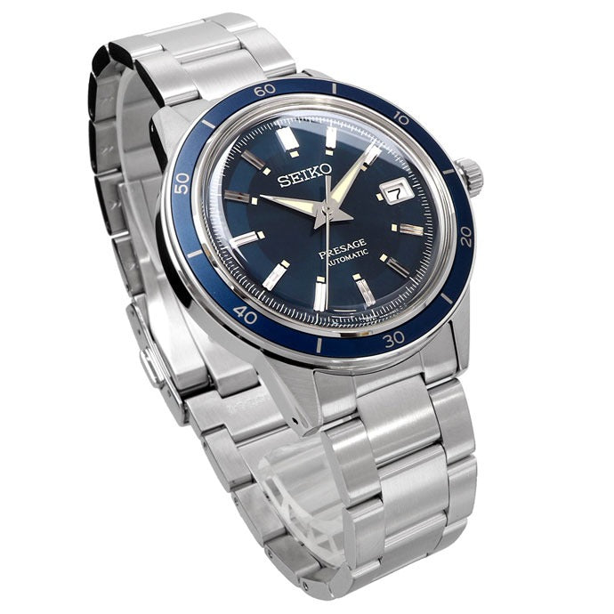 Seiko Presage Style60's Automatic Blue Dial Silver Steel Strap Watch for Men - SRPG05J1