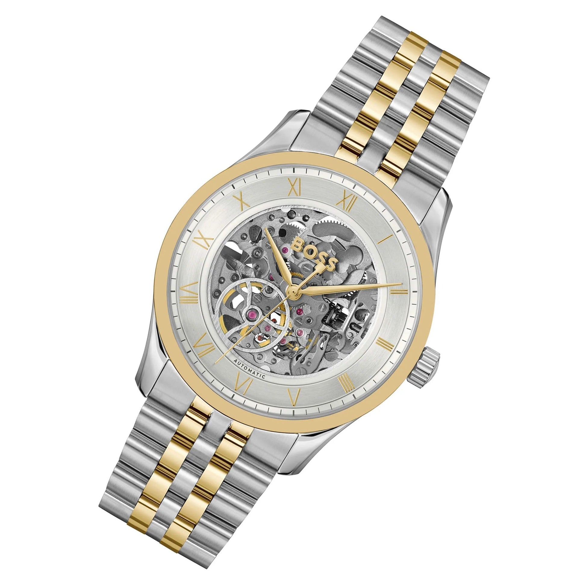 Hugo Boss Principle Skeleton Silver Dial Two Tone Steel Strap Watch for Men - 1514237