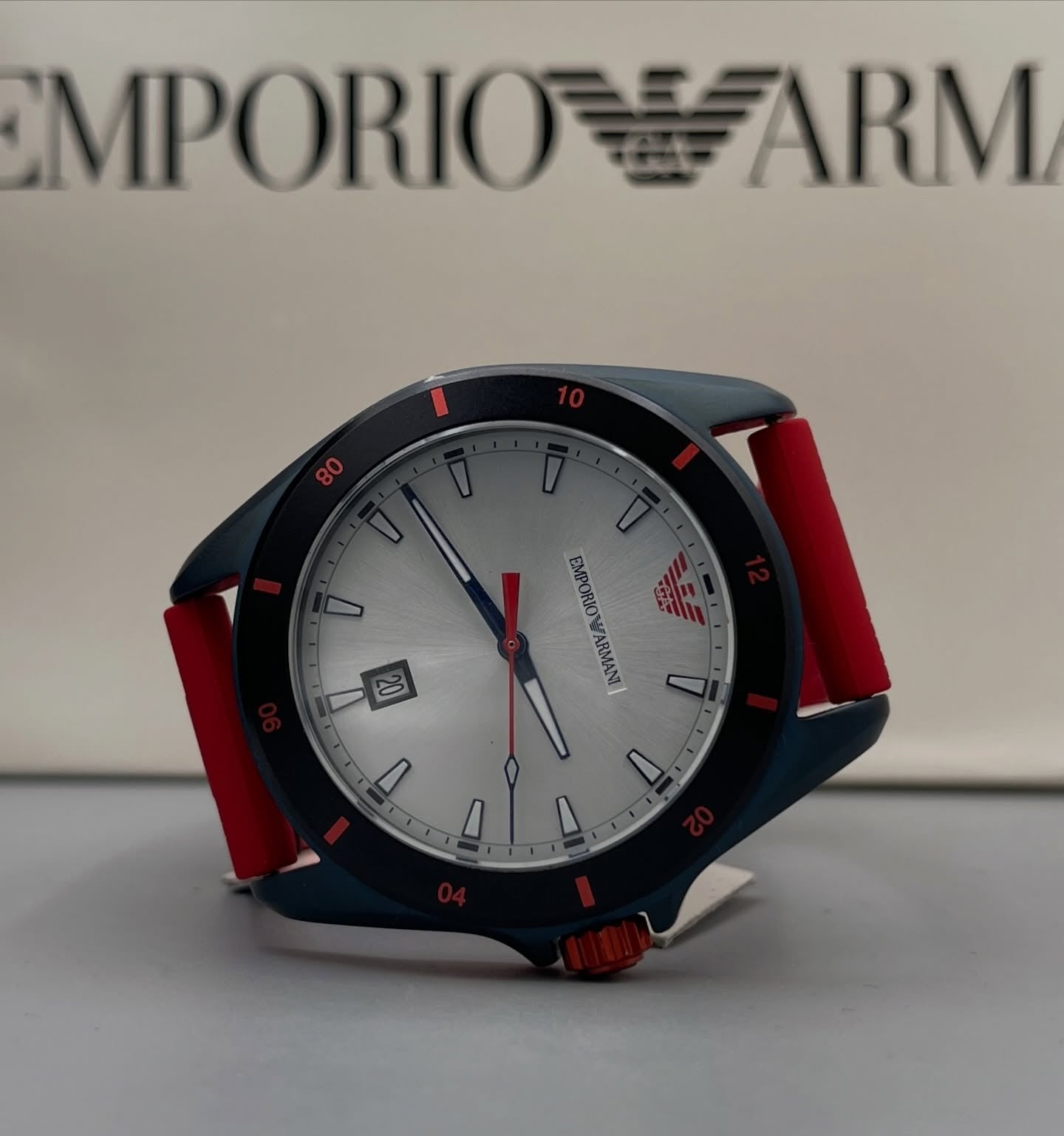 Emporio Armani Sigma Silver Dial Red Silicone Strap Watch for Men - AR11219