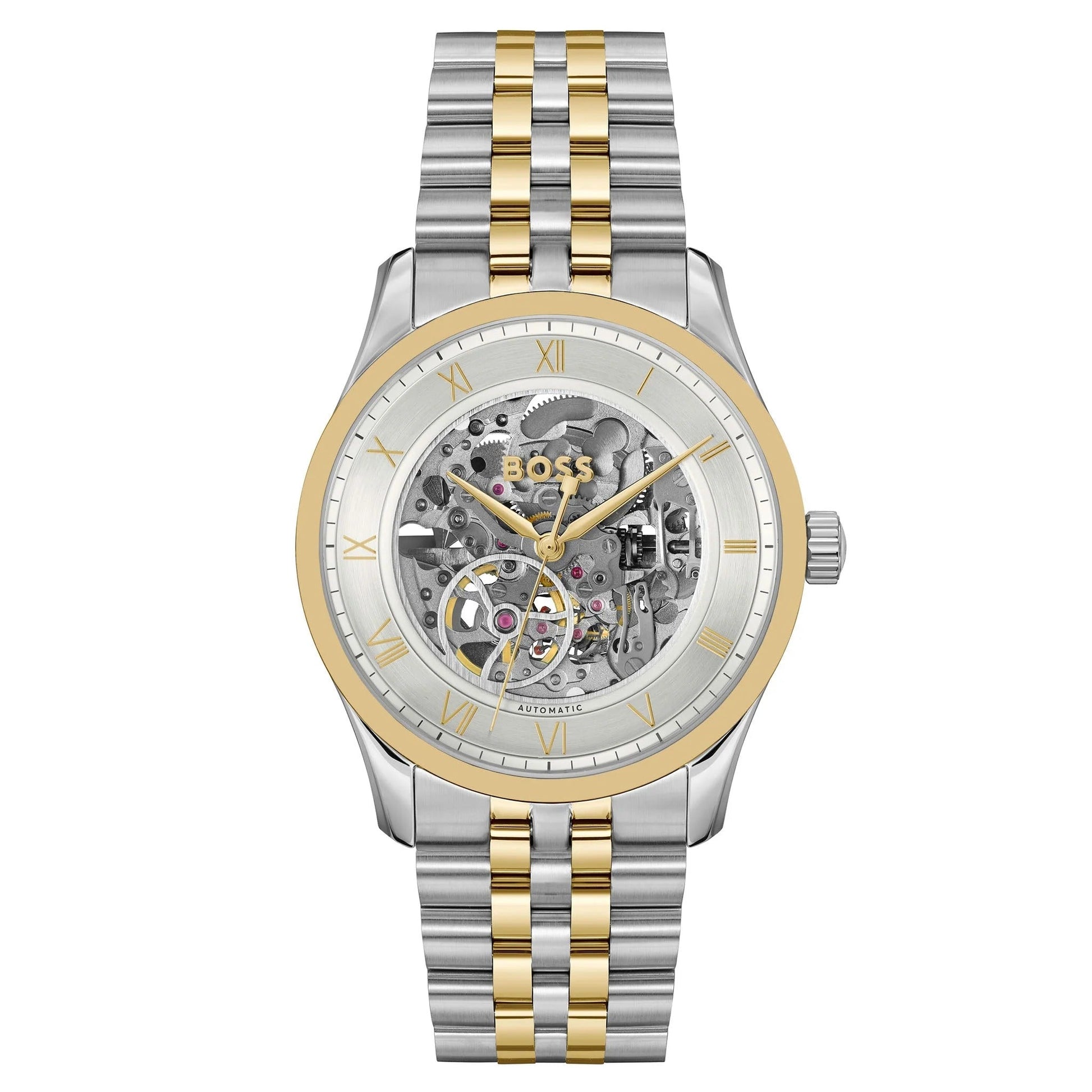 Hugo Boss Principle Skeleton Silver Dial Two Tone Steel Strap Watch for Men - 1514237