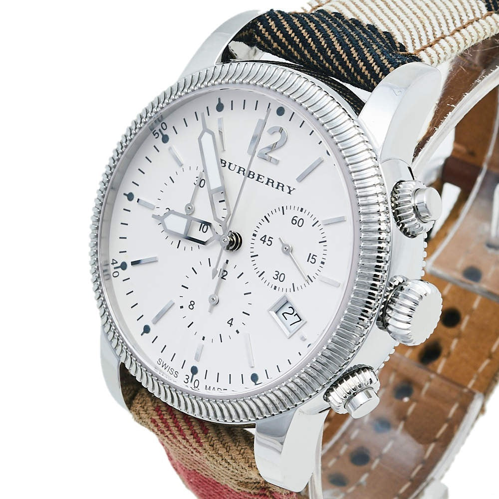 Burberry Utilitarian Chronograph White Dial Tri Tone Leather Strap Watch for Women - BU7820