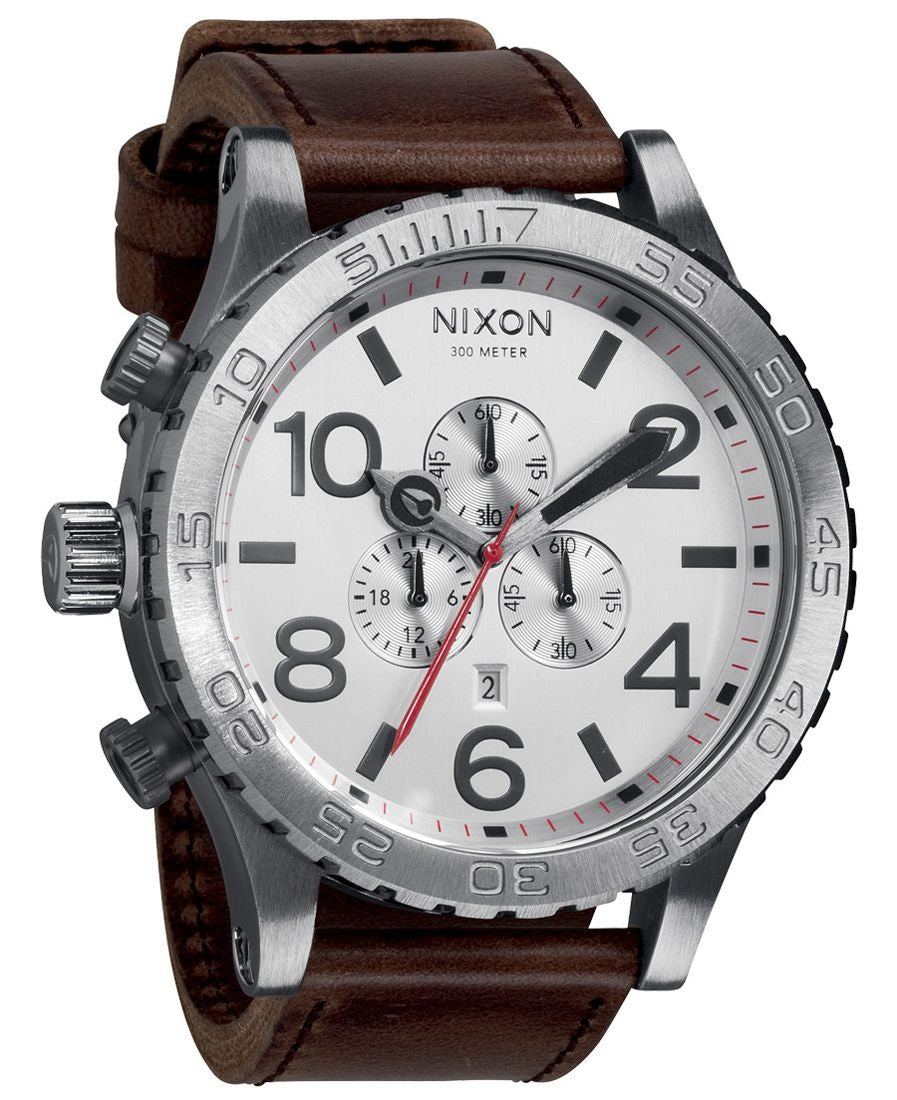 Nixon 51-30 Chronograph Silver Dial Brown Leather Strap Watch for Men - A124-1113