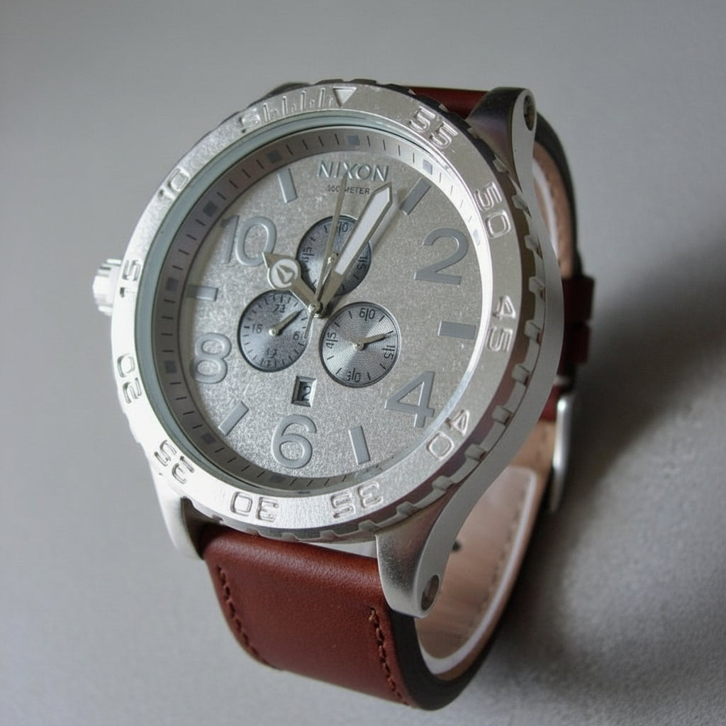 Nixon 51-30 Chronograph Silver Dial Brown Leather Strap Watch for Men - A124-1113